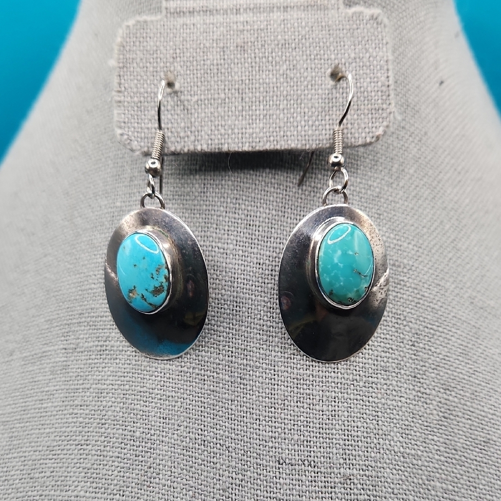 Turquoise and Silver Oval Earrings - Picture 6 of 6